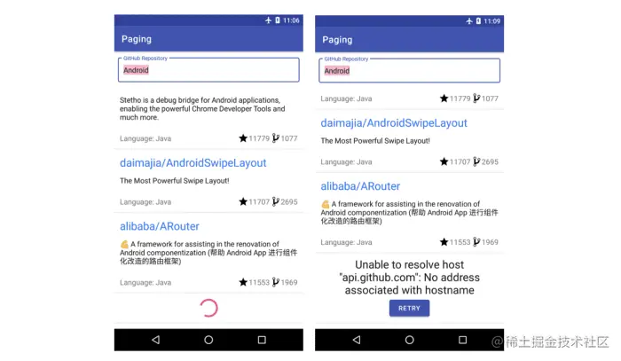 △ 一个带有底部的 RecyclerView，底部显示了加载状态: 加载进度或错误信息