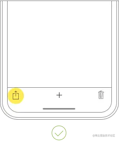 iPhone 屏幕底部边缘的工具栏示意图。 最左边的图标被一个黄色圆盘覆盖，代表指尖，不与任何其他图标重叠。 在图表下方，圆圈中的绿色复选标记表示这是推荐的布局风格。