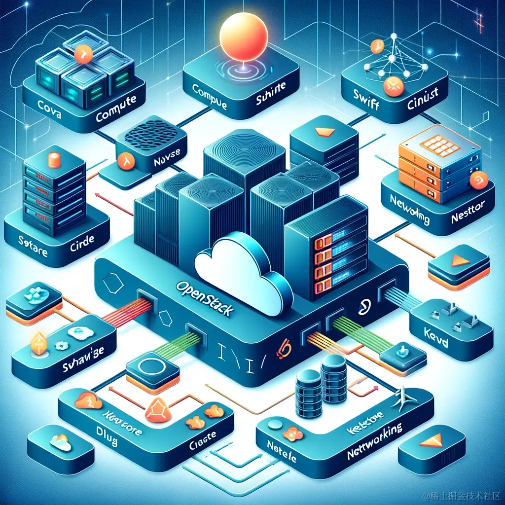 DALL·E 2024-02-03 15.58.48 - Illustrate the architecture of OpenStack showing its core components including Nova for compute, Swift for object storage, Cinder for block storage, N.webp