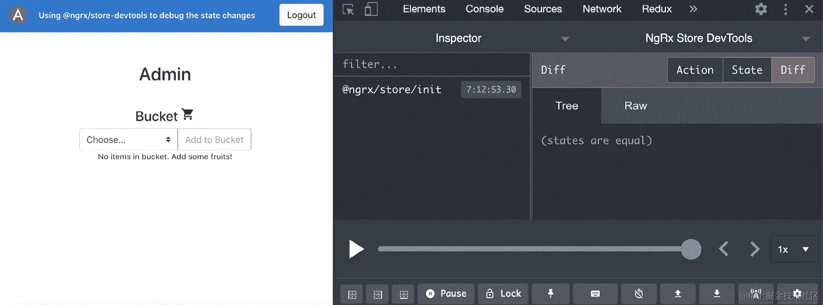 图 6.5 - Redux DevTools 显示初始的 Redux 动作已经分发
