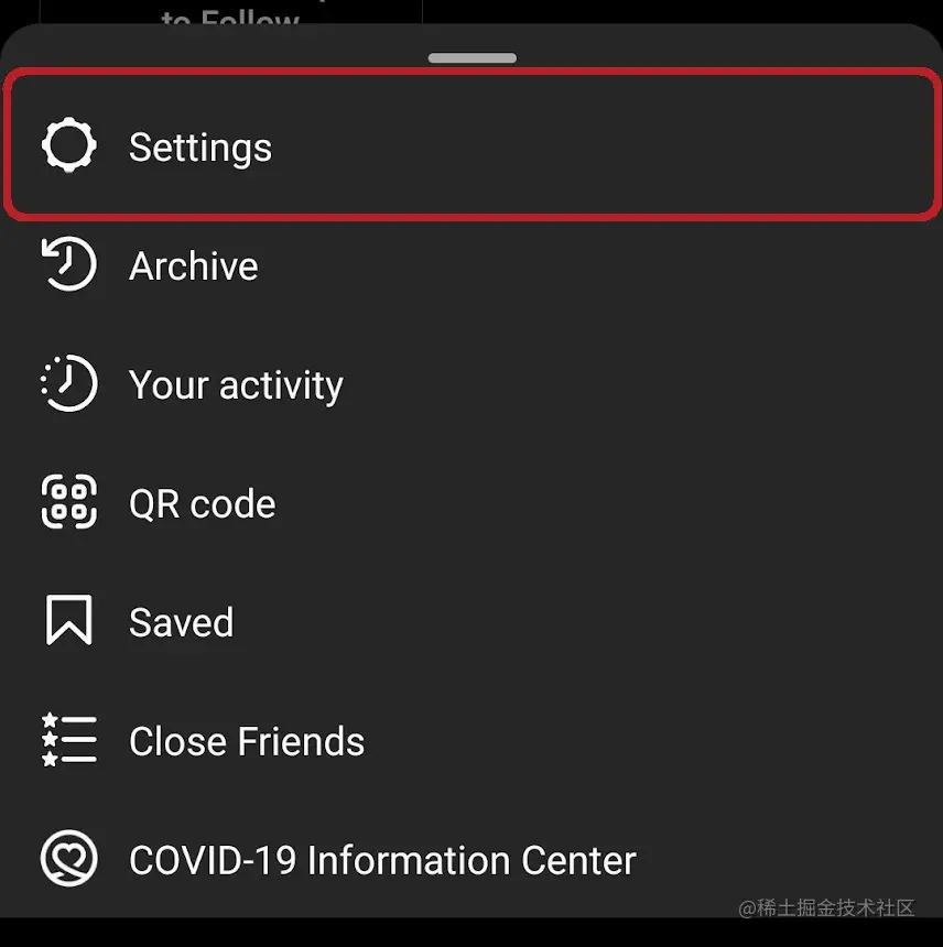 从您的 Instagram 个人资料的弹出菜单中选择设置