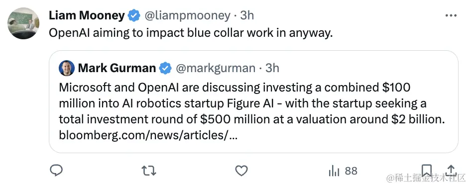 微软OpenAI计划1亿美元投向人形机器人，网友纷纷喊话马斯克