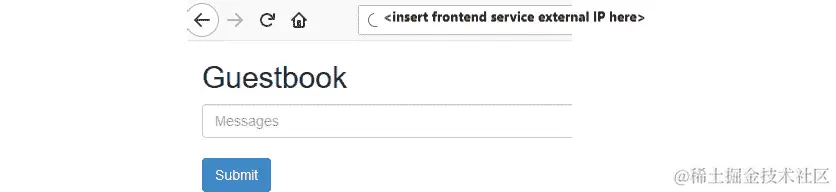 当您在浏览器中输入 IP 地址时，您将看到一个显示单词 Guestbook 的白屏。这表明 Guestbook 应用程序正在运行。