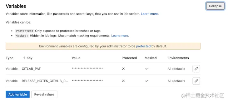 Page Showing The CI/CD Variable Section