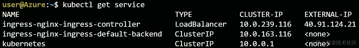 您的输出屏幕将显示三个条目。在这三个条目中，Ingress 控制器将显示一个外部 IP。