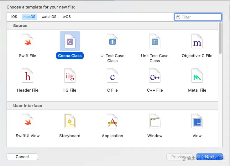 选择"Cocoa Class"（Mac的App又叫'Cocoa App'）