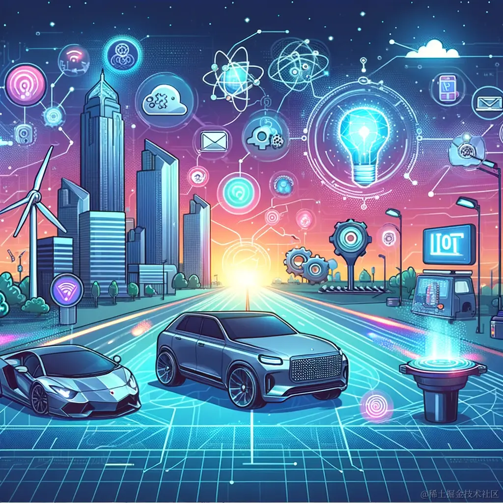 DALL·E 2024-01-20 22.55.45 - Illustration showing the future trends in the software industry. The image includes elements like intelligent cars, artificial intelligence, and the I.png