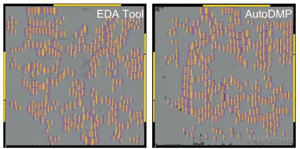 Two images, one showing the placement obtained with the EDA tool and the other with AutoDMP.
