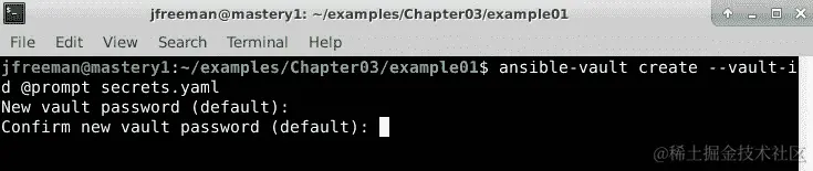 图 3.2 - 在提示输入密码时创建一个新的 Ansible Vault 实例