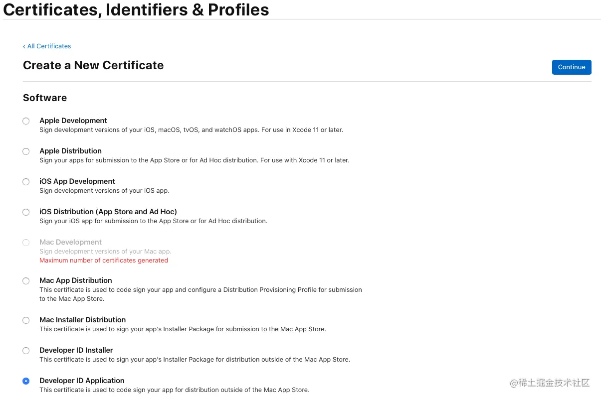 选择“Developer ID Application”项