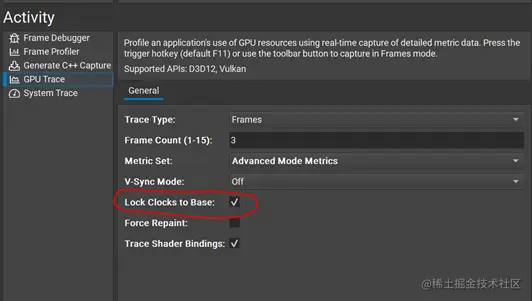 Screenshot of Nsight Graphics UI with Locks Clocks to Base checkbox.