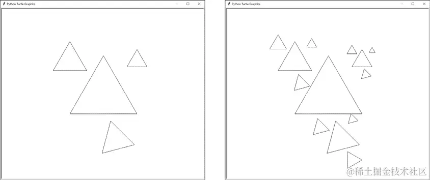 两个乌龟图形的截图。第一个显示与图 13-3 中相同的四个三角形。第二个显示围绕每个三角形的三个较小的三角形以相同的模式聚集。