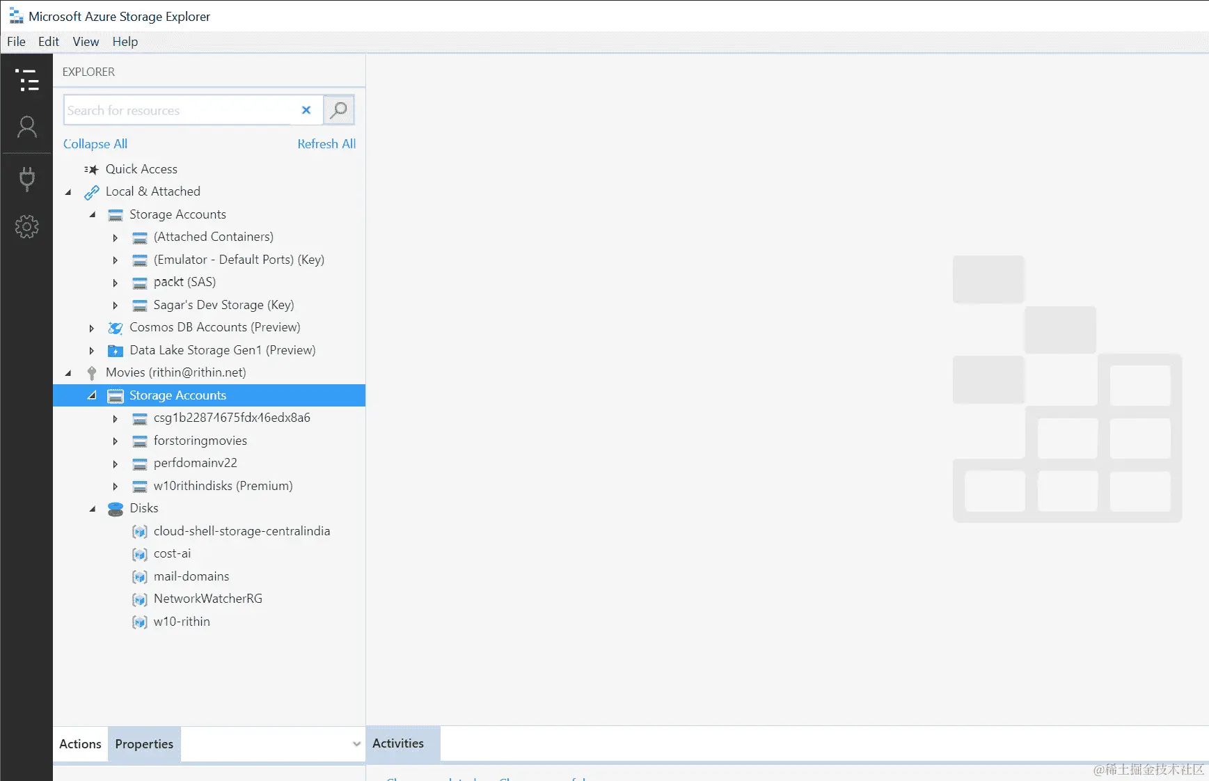 Azure 存储资源管理器窗口显示不同类型的资源