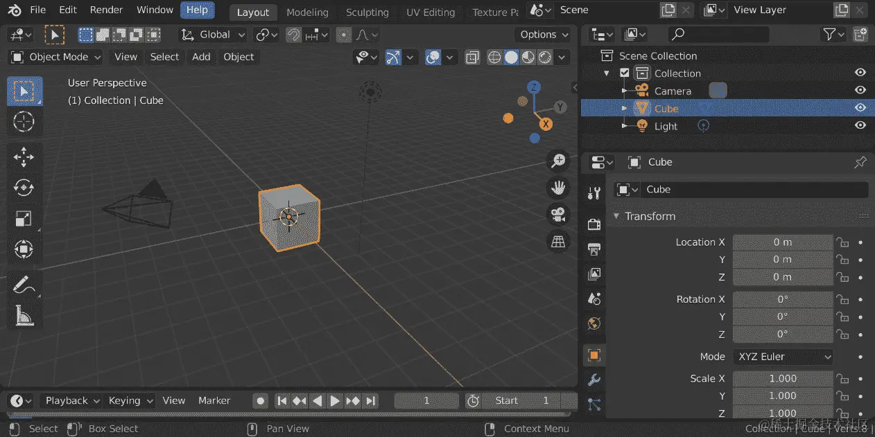 图 7.5：默认的 Blender3D 场景