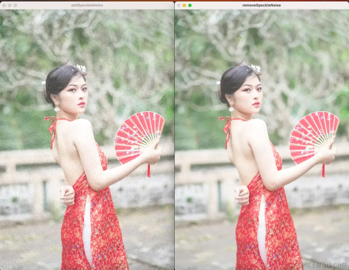 斑点噪声和使用非局部均值滤波后的效果.png