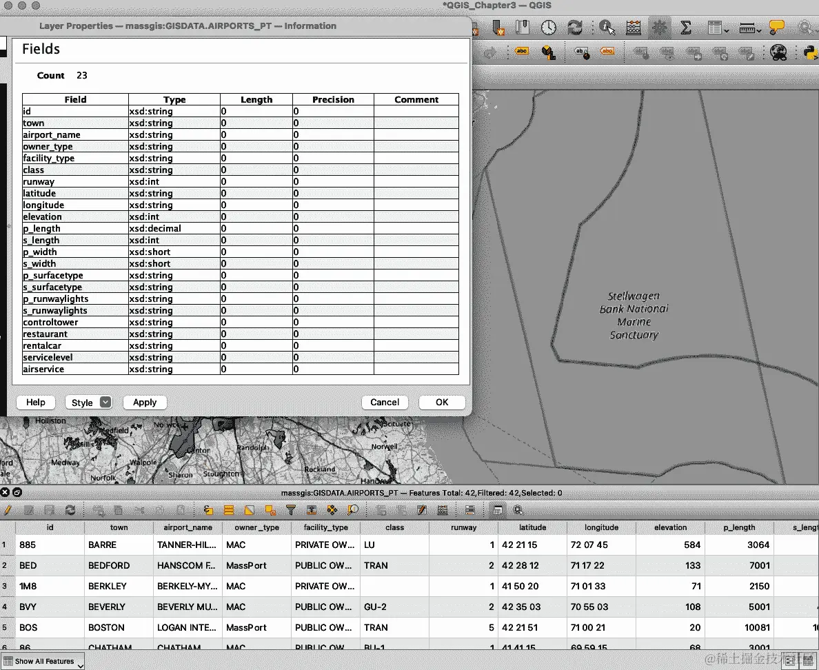 所选图层 GISDATA.AIRPORTS_PT 的属性和属性