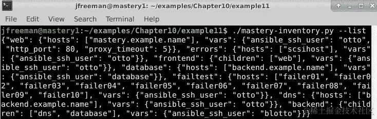 图 10.11 - 显示我们的动态清单脚本的--list 参数产生的 JSON 输出