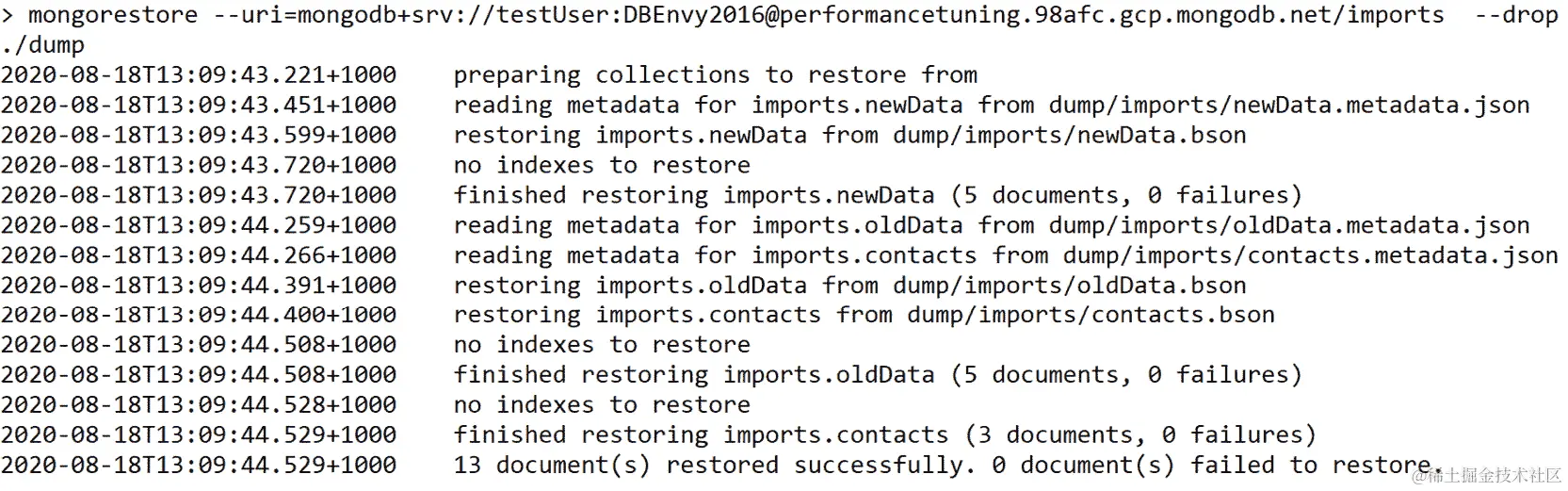 图 11.5：使用--drop选项运行mongorestore后的输出