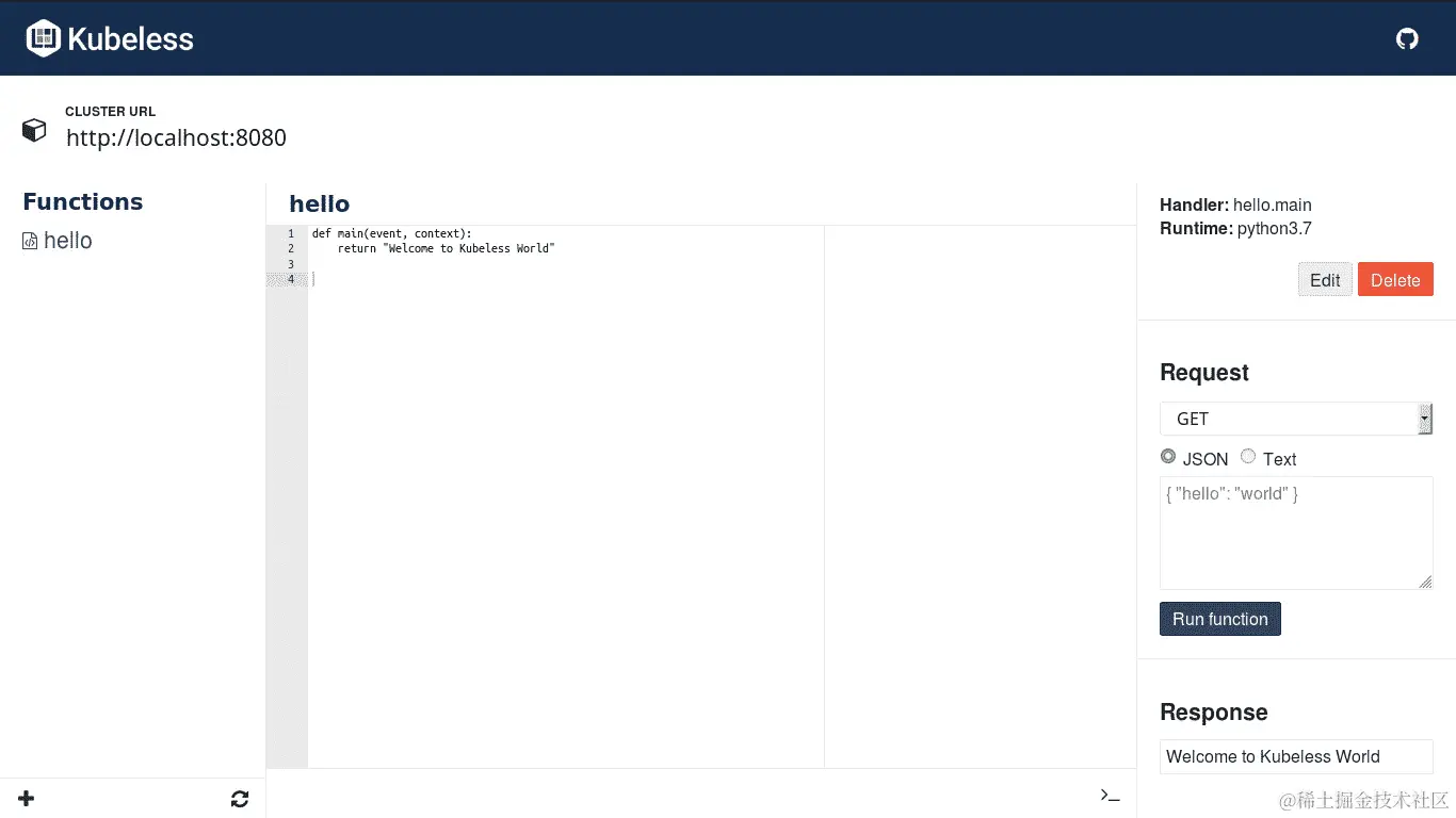 图 7.29：使用 Kubeless UI 调用 Kubeless 函数