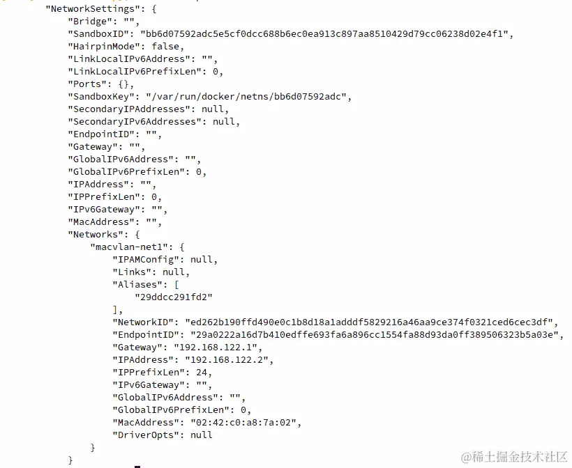 图 6.22：macvlan1 网络的 docker 网络检查输出