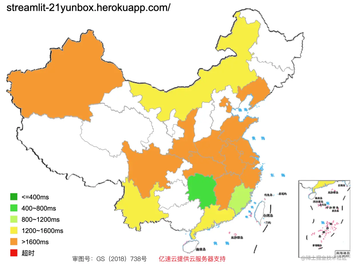 左图: 部署在 Heroku 的网站测速结果； 右图是提速后的测速结果。颜色代表网站的反馈时间，绿色代表快，越接近红色代表极慢甚至没法访问。