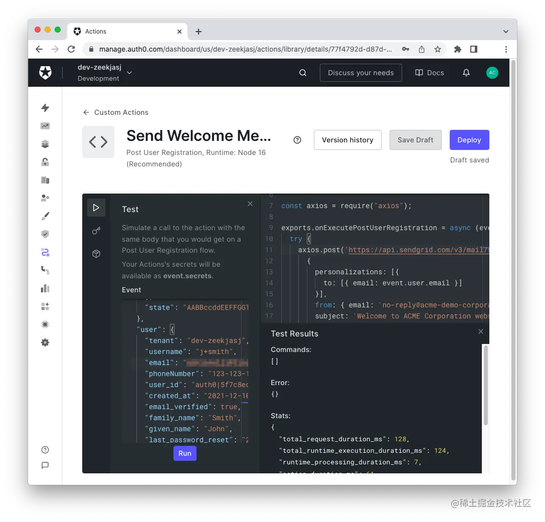 Test results of an Auth0 Action