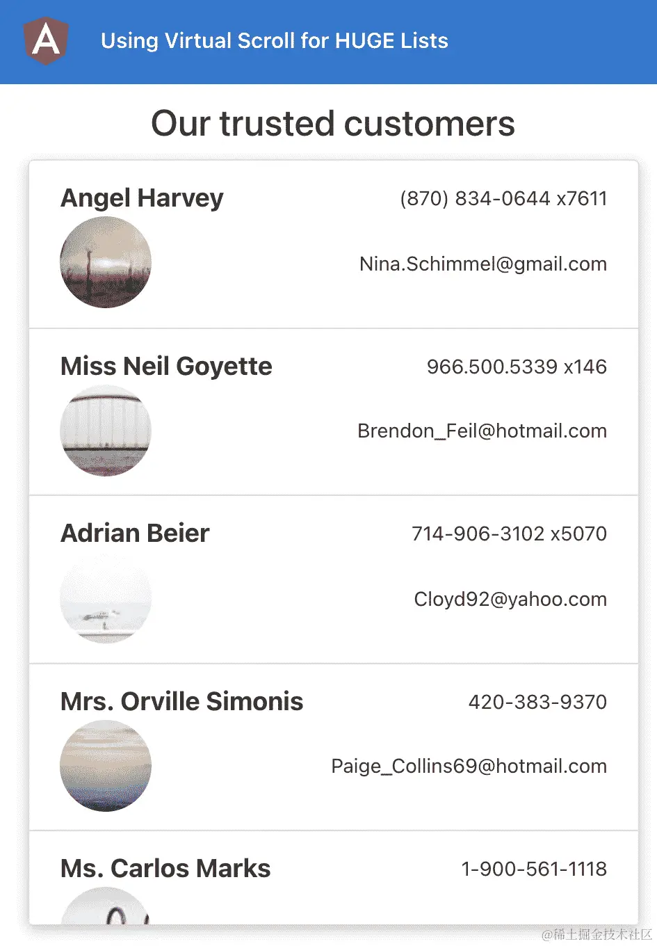 图 9.1 - 使用 cdk-virtual-scroll 应用程序在 http://localhost:4200 上运行