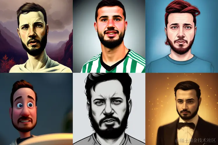 六张人工智能生成的文章作者图像，具有各种动画和艺术风格。
