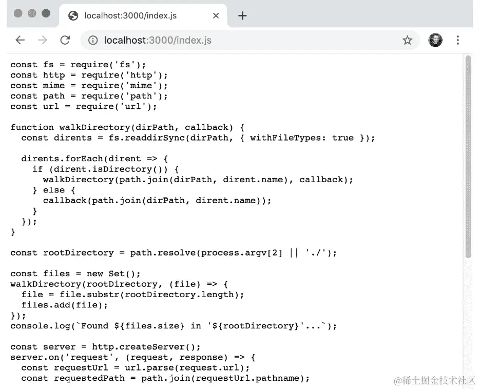 图 3.11：从浏览器中查看的静态 index.js 从我们的 HTTP 服务器提供的