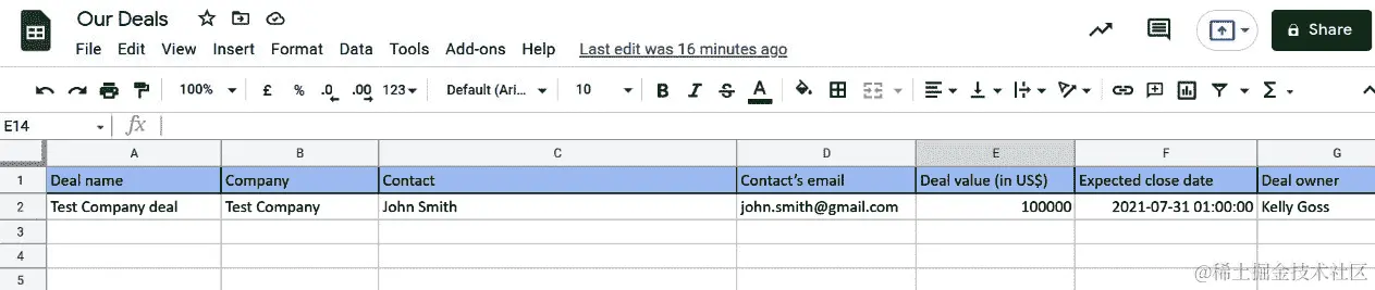图 3.23 – 成功发送测试数据的操作步骤显示在 Google Sheets 中（由 Google 提供）