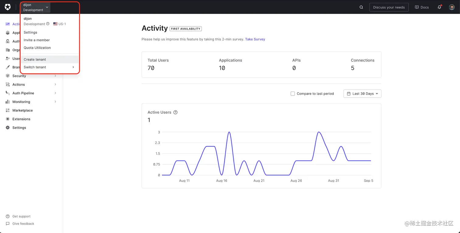 Create tenant from Auth0 dashboard