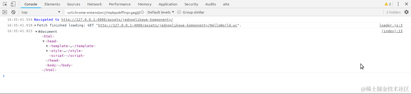 Chrome 的控制台显示解析为 DOM 的 HelloWorld.wc 文件的内容。