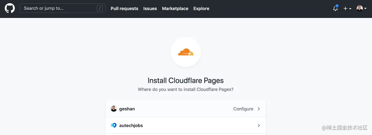 Screenshot of Github install cloudflare pages tab