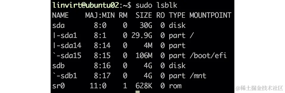 使用 lsblk 命令获取磁盘内容信息。