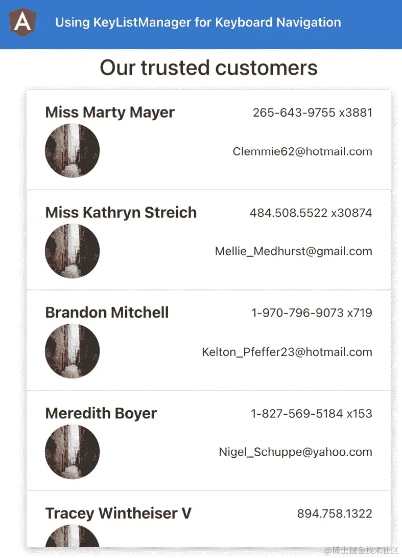 图 9.5 - 在 http://localhost:4200 上运行的 using-list-key-manager 应用程序