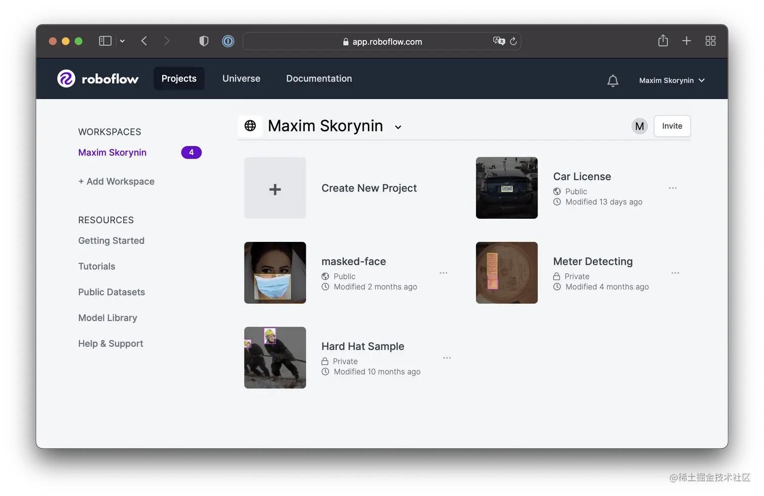The Roboflow project page, showing off a couple of examples