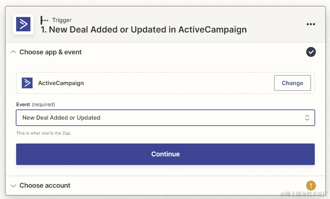 图 3.13 – 在 Zap 编辑器中使用 ActiveCampaign 应用程序的 New Deal Added or Updated 触发事件