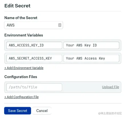 Creating a new secret in Semaphore for the AWS keys