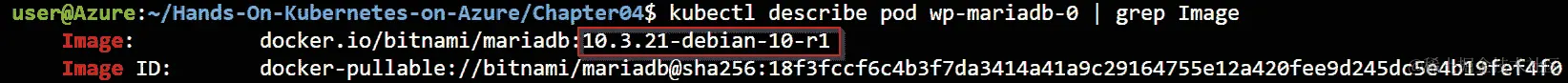 执行 kubectl describe pod wp-mariadb-0 | grep Image 命令将显示图像的新版本。