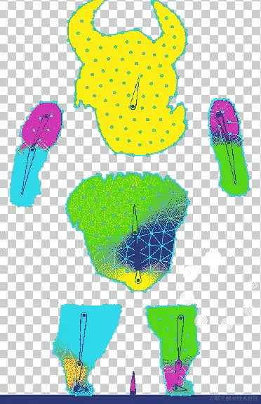 图 12.2 – 网格蒙皮权重以颜色形式可视化表示