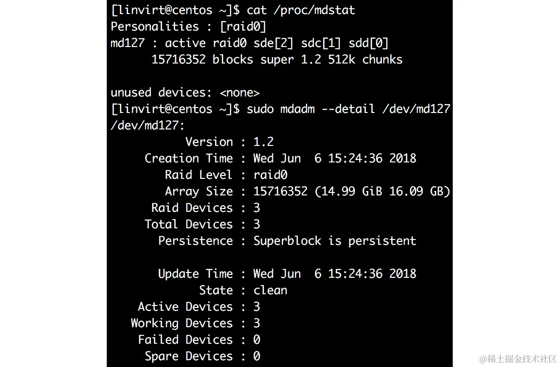 验证/dev/md127 RAID 0 设备的配置。