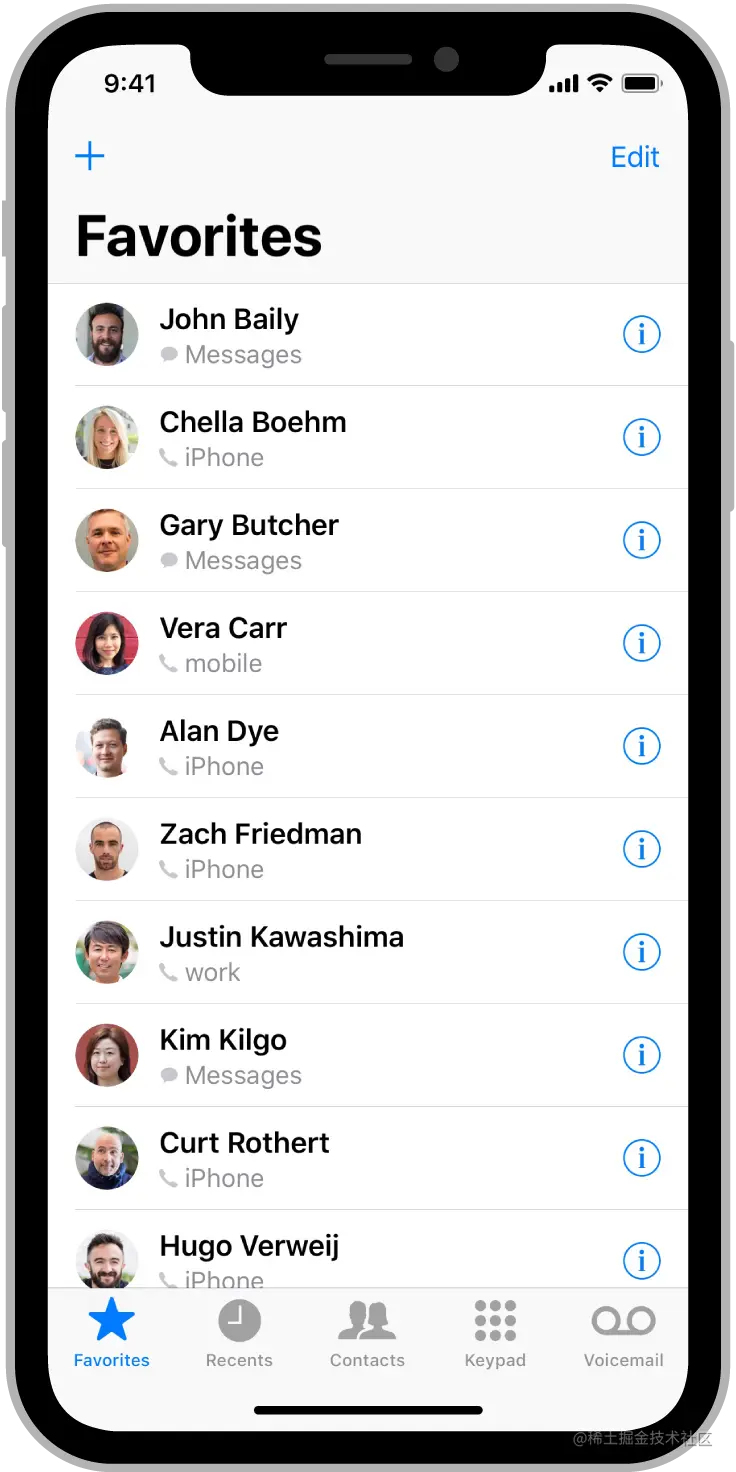 用户在 5.8 英寸 iPhone 上的电话应用程序中的收藏夹列表的图像。