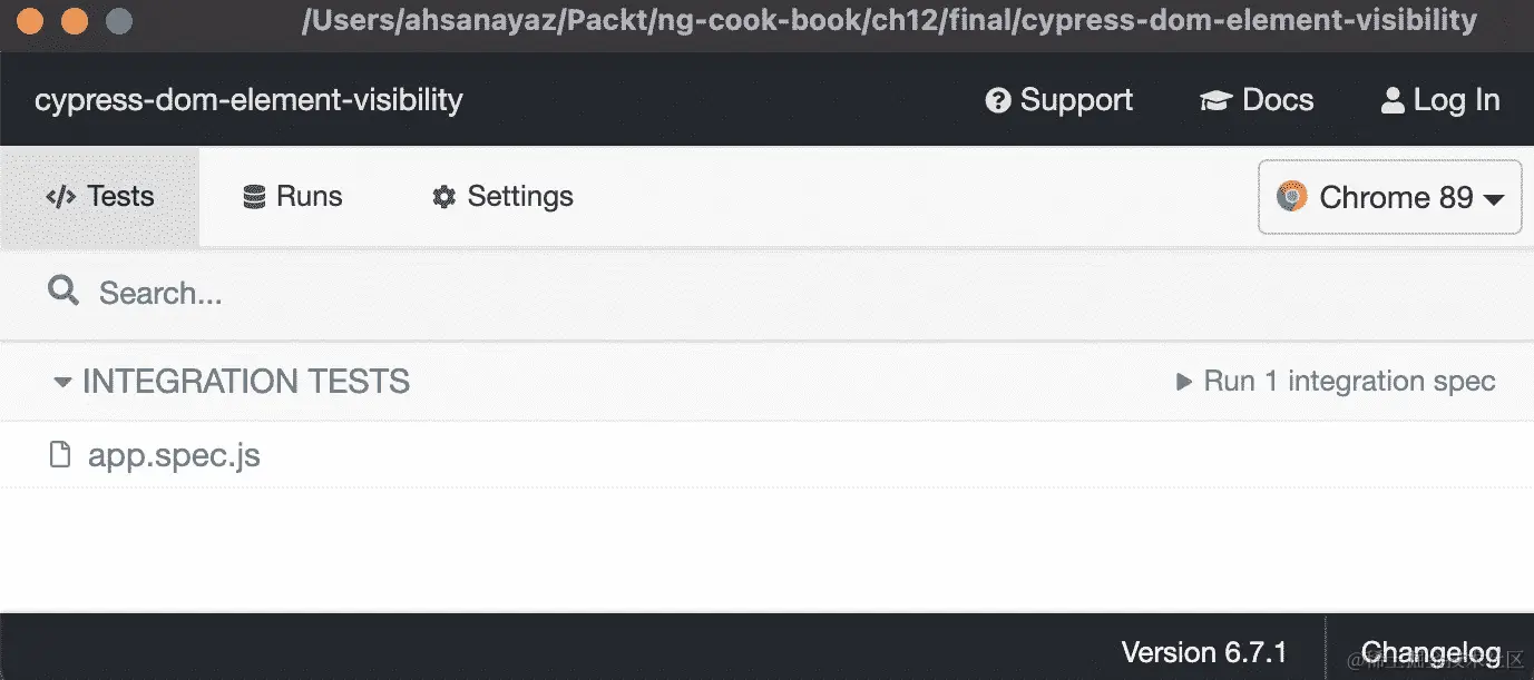 图 11.4–Cypress 测试运行 cypress-dom-element-visibility 应用程序
