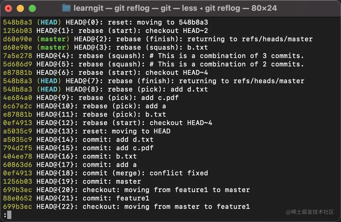 learngit - git reflog• alt less • git reflog - 80x24.png