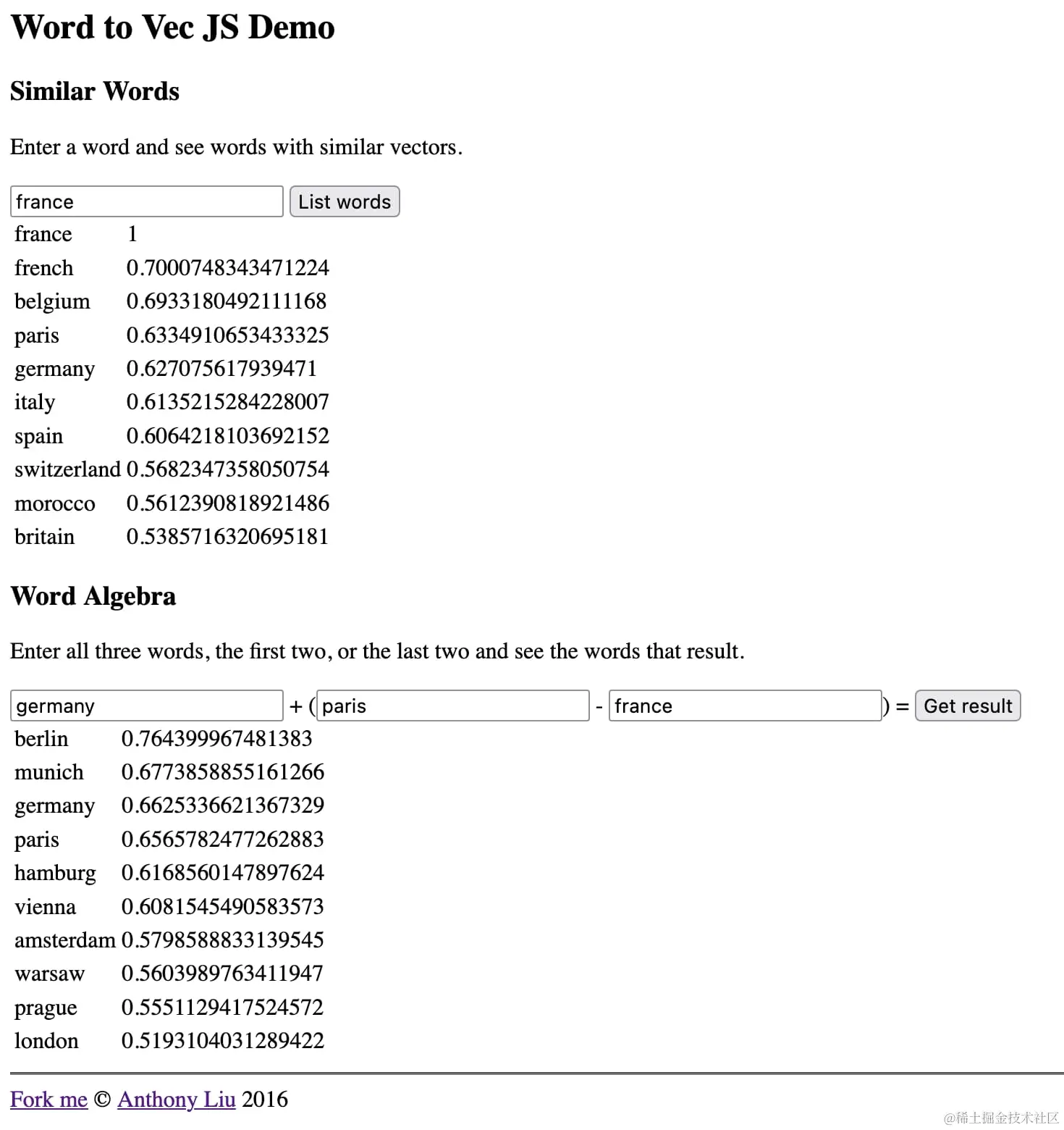 Screenshot of the Word to Vec JS Demo showing the results for france and the algebra results for germany + paris - france