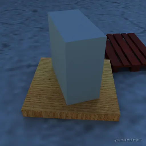 A rendering of two pallets with a box on top. ‌The rendering is coarse, and the box is a uniform gray color.