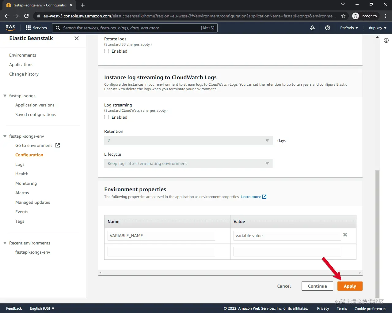 AWS Elastic Beanstalk Environment Variables