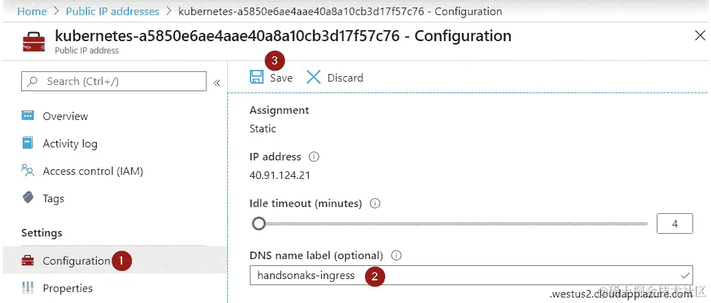 打开您的 IP 地址。点击导航窗格中的“配置”选项卡。输入 DNS 的唯一名称，然后点击搜索栏旁边的保存按钮。