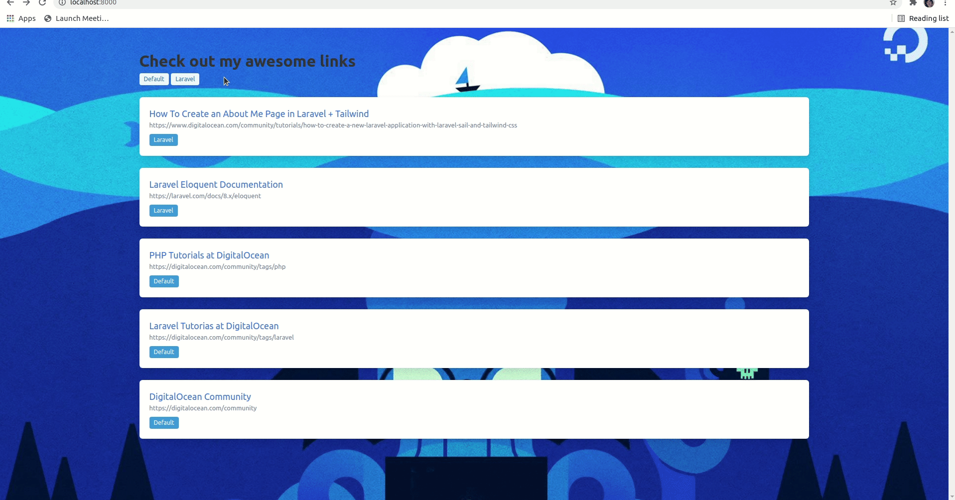 The screenshot shows the updated Landing Laravel application with working links to individual list pages