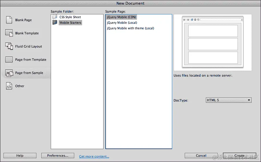 从 Dreamweaver 起始页创建移动页面